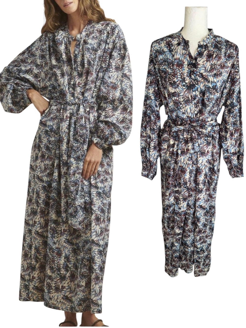 LN Diega Risia Blue Floral Leaf Print Belted Tie Waist Oversized Maxi Dress - S+